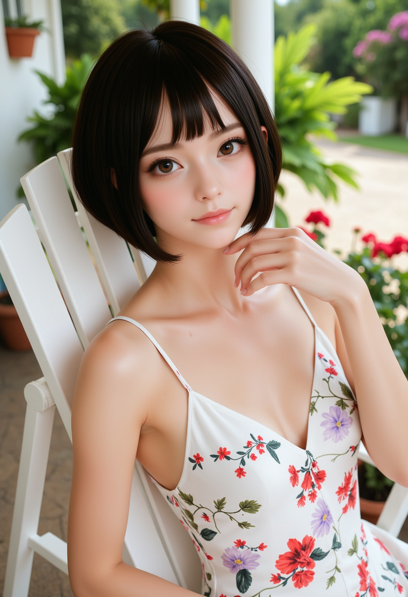 mid shot,Hyperrealistic, She is approximately 18 years old, she is smiling, dynamic angles, multiple angles,She is looking at the camera, photoshoot poses; A photo of Nanako_Wbody, a woman with short dark hair,She is wearing a white floral print dress, She is sitting in a white deck chair, on a front porch lined with beautiful flower pots. and the girl is posing confidently,  the lighting is soft, creating a flattering and athletic appearance. The overall composition of the image is dynamic and energetic,  she is posing for the camera with a smile on her face. Style: realistic hyper-detailed rendering, 32k UHD, expressive eyes, punk, graphic design, girl's face, pretty and cute, gleaming lips, telling a tale of adventure. Exuding confidence and serenity. The overall mood of the image is happy and relaxed,detailed skin texture,(blush:0.2),(goosebumps:0.3),subsurface scattering,with a playful and whimsical tone, Niji style, retro50s_style, Detailed hand, perfect hand, hand,