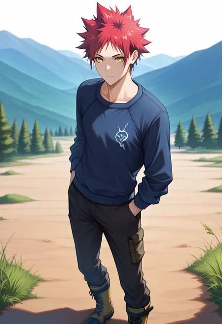 masterpiece, best quality, intricate details, (realistic:0.6), looking at viewer, 1boy, solo, male focus, <lora:souma_yukihira_ilxl:0.96>, souma_yukihira, red hair, yellow eyes, spiked hair, , , Fuchsia Geometric Fleece joggers, Sweater, Hiking boots, ,