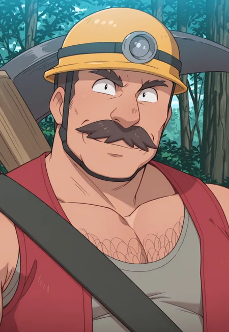 solo, masterpiece, modern, new, 1boy, male, masculine face, daddy looking face, w0lfc0nf
PokemonDozer, short hair, mustache, chest hair, hardhat, pickaxe, red vest, shirt, headshot, looking at viewer, smiling