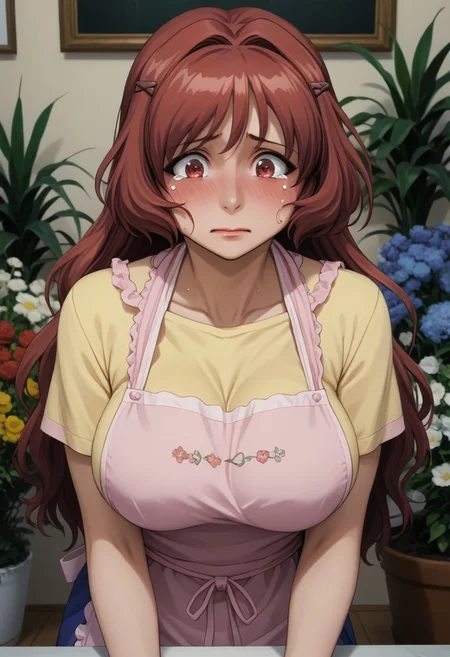 source_anime, ((score_9)),score_8_up,score_7_up,score_6_up,score_5_up,score_4_up, takama_kozue, t4k4m4k0zu3, 1woman, huge breasts, brown_eyes, long hair, red hair, hair intakes, bang, sidelocks, Blush, Full-Faced Blush, Embarrassed, red face, crying, tears, happy, embarassed, steam, yellow_shirt, blue skirt, highheels, hairclip, ((pink apron)), florist, flowers,, masterpiece, best quality