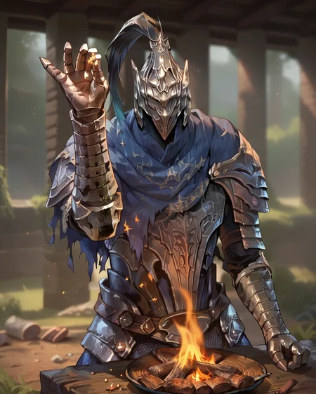 score_9, score_8_up, score_7_up, blurred background, source_anime, 1boy, Artorias,helmet, armor, gauntlets, solo, SaltBaeMeme, salt, bonfire,food, solo, <lora:Artorias:0.8>, <lora:SaltBaeMeme_XLPD_CAME:1>,