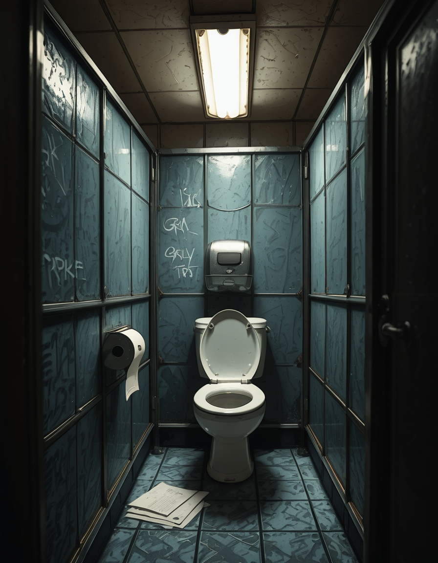 A highly realistic, detailed photograph of a public restroom stall from a human eye-level perspective. The stall is constructed with dull, light gray metal partitions showing subtle scratches and wear from years of use. The door is slightly ajar, with a simple metal latch and a small gap visible at the bottom and top of the door. Inside the stall, there is a standard white ceramic toilet with a chrome flush handle, positioned against a wall of white, slightly aged subway tiles. The floor is covered with small, dark gray hexagonal tiles, with faint reflections from the overhead fluorescent lighting. A single toilet paper dispenser made of stainless steel is mounted to the side wall, partially filled, with a torn sheet hanging loosely. The lighting is cool and sterile, casting soft shadows and emphasizing the slightly utilitarian, worn-out atmosphere of the space. Subtle details like faint graffiti scratched into the partition, a discarded paper towel near the floor, and small water stains near the base of the toilet contribute to the realistic, everyday public restroom feel. The photo is sharp, with a neutral color palette and an urban documentary style.
 <lora:SDXLFaeTastic2400:0.4> <lora:extremely_detailed:0.4> extremely detailed,<lora:public_restroom_st4ll_r2:1>,public restroom st4ll, Masterpiece,best quality,hi res,8k,hi res,8k,award winning,(sharp focus, intricate, highly detailed),
