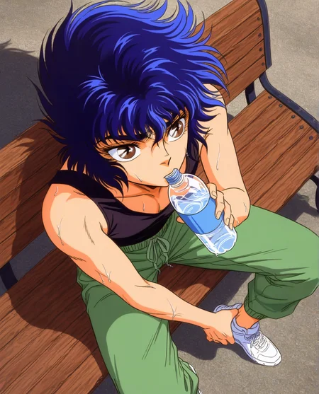 masterpiece, best quality, absurdres, zodikki1, kurumada eyes, kurumada hair, 1boy, toned male, short hair, blue hair, brown eyes, black tanktop, loose tanktop, green sweatpants, white footwear, holding water bottle, drinking, view from above, sitting, bench