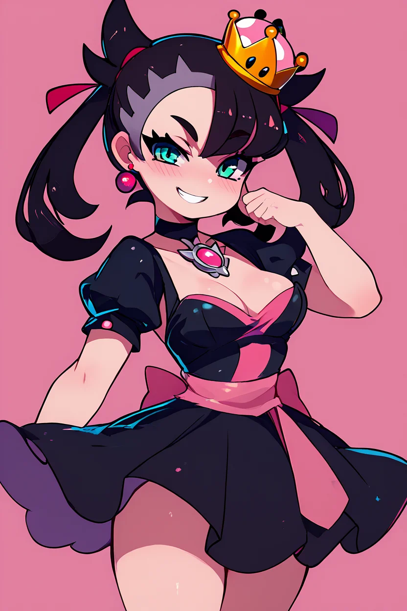 score_9, score_8_up, score_8, medium breasts, (curvy), cute, eyelashes, BREAK, , zzShadowHimeMarnieCitron, super crown, black hair, twintails, asymmetric bangs, crown, black dress, pink gemstone, pink waist bow, bangs, dress, jewelry, short sleeves, earrings, choker, black dress, black choker, <lora:ShadowHimeMarnie_CitronOC_PDXL_v2:0.8>,, BREAK, smile, looking at viewer, cowboy shot, ,,, embedding:zPDXL, Expressiveh, ,,, <lora:Zankuro_Style_PDXL:0.8> <lora:SDXLFaeTastic2400:0.5>, <lora:Expressive_H-000001:0.4>,