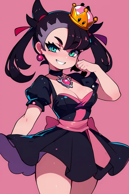 score_9, score_8_up, score_8, medium breasts, (curvy), cute, eyelashes, BREAK, , zzShadowHimeMarnieCitron, super crown, black hair, twintails, asymmetric bangs, crown, black dress, pink gemstone, pink waist bow, bangs, dress, jewelry, short sleeves, earrings, choker, black dress, black choker, <lora:ShadowHimeMarnie_CitronOC_PDXL_v2:0.8>,, BREAK, smile, looking at viewer, cowboy shot, ,,, embedding:zPDXL, Expressiveh, ,,, <lora:Zankuro_Style_PDXL:0.8> <lora:SDXLFaeTastic2400:0.5>, <lora:Expressive_H-000001:0.4>,
