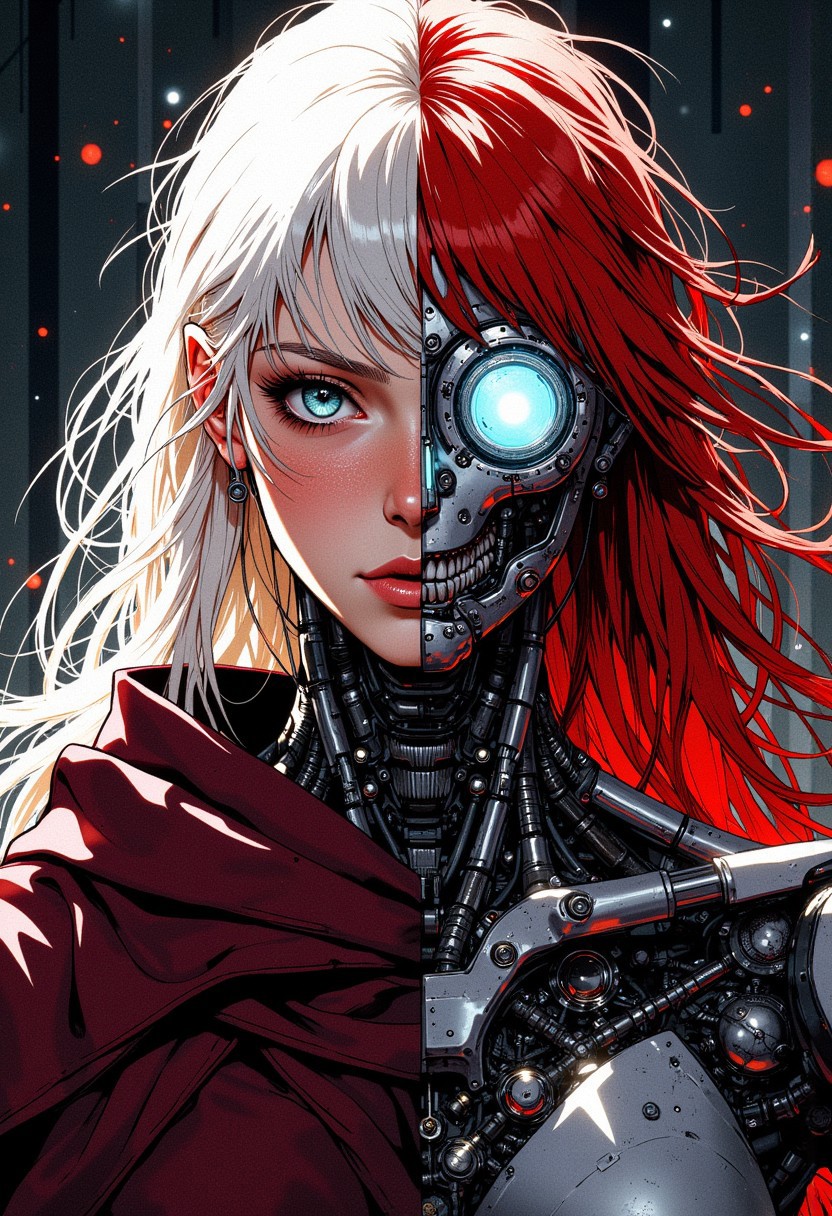 anime, mythp0rt, Dynamic pose, anime style, highly detailed, young woman, dual appearance, long platinum blonde hair (left side), glowing white and bright red hair (vertically divided), pale complexion, piercing blue eye (left), deep red eye (right), bright red cloak, intense expression, melancholic, metallic skin (right side), tousled hair (right), intricate robotic parts, visible circuitry, mechanized glowing eye (right), sleek metallic eye-piece (left), futuristic cybernetic augmentation, walking, dark desolate space background, post-humanity setting, mystery, contrast between organic and robotic.