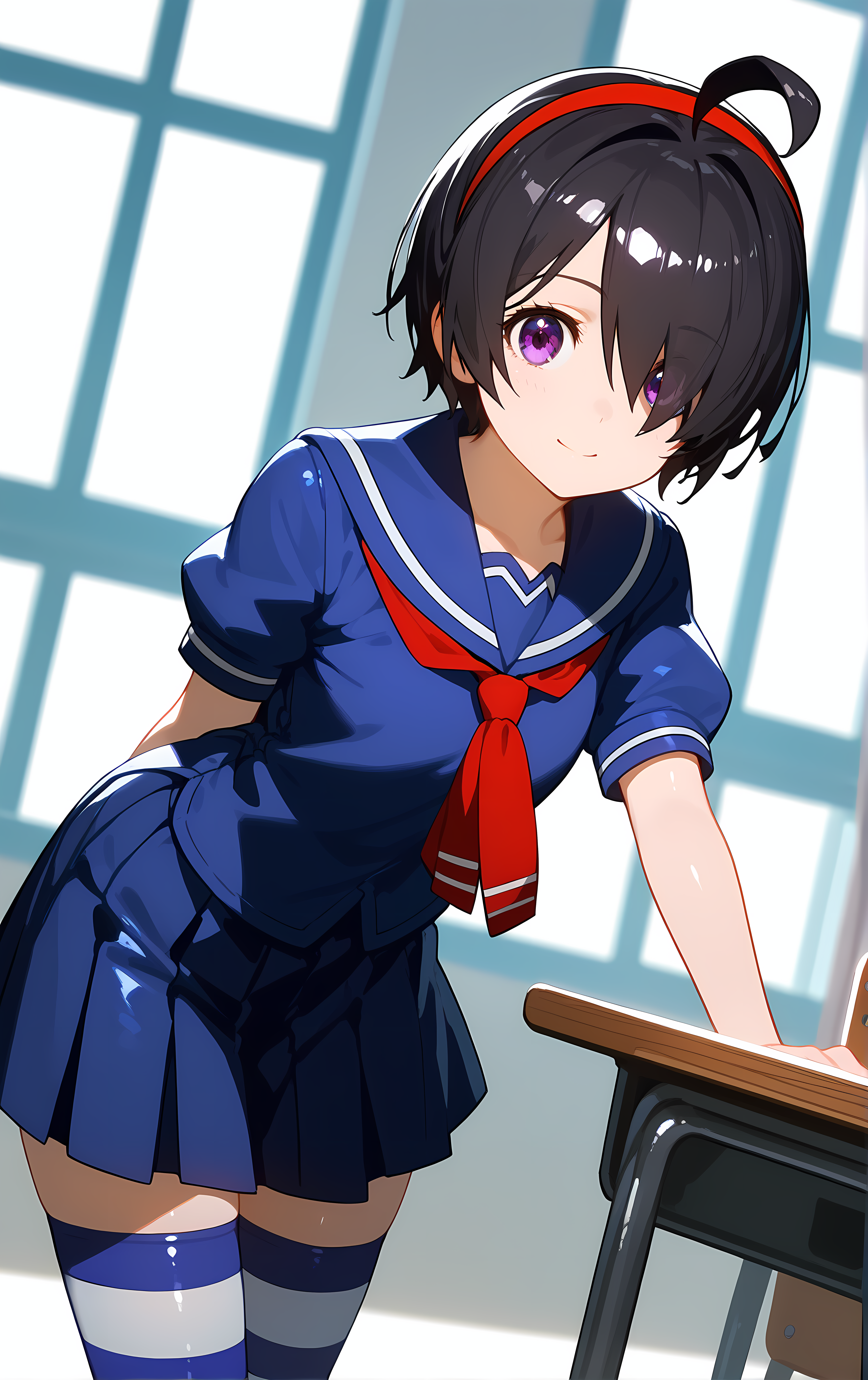 (score_9, score_8_up, score_7_up), standing, leaning forward, looking at viewer, light smile, closed mouth, shiny skin, tight clothes,
ohwx, 1girl, solo, purple eyes, black_hair, hairband, short_hair, hair_over_one_eye, ahoge, red_hairband,
school_uniform, thighhighs, striped_clothes, striped_thighhighs, serafuku, skirt, zettai_ryouiki,
window, sunlight, classroom,
blurry, cowboy shot, dutch angle, close-up,
 <lora:kimi_sato_pony_ss:0.9>