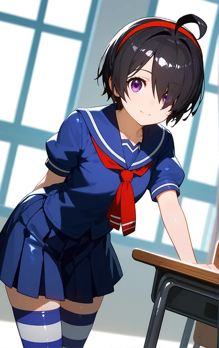 (score_9, score_8_up, score_7_up), standing, leaning forward, looking at viewer, light smile, closed mouth, shiny skin, tight clothes,
ohwx, 1girl, solo, purple eyes, black_hair, hairband, short_hair, hair_over_one_eye, ahoge, red_hairband,
school_uniform, thighhighs, striped_clothes, striped_thighhighs, serafuku, skirt, zettai_ryouiki,
window, sunlight, classroom,
blurry, cowboy shot, dutch angle, close-up,
<lora:kimi_sato_pony_ss:0.9>