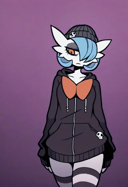 Masterpiece, best quality, aesthetic, high resolution, 1girl, anthro, solo, female, Mega Gardevoir, emo, dark eyeshadow, orange eyes, blue hair, ponyatil, dark eye circles, black hoodie, bottomless, beanie, thighhighs, Vanripper