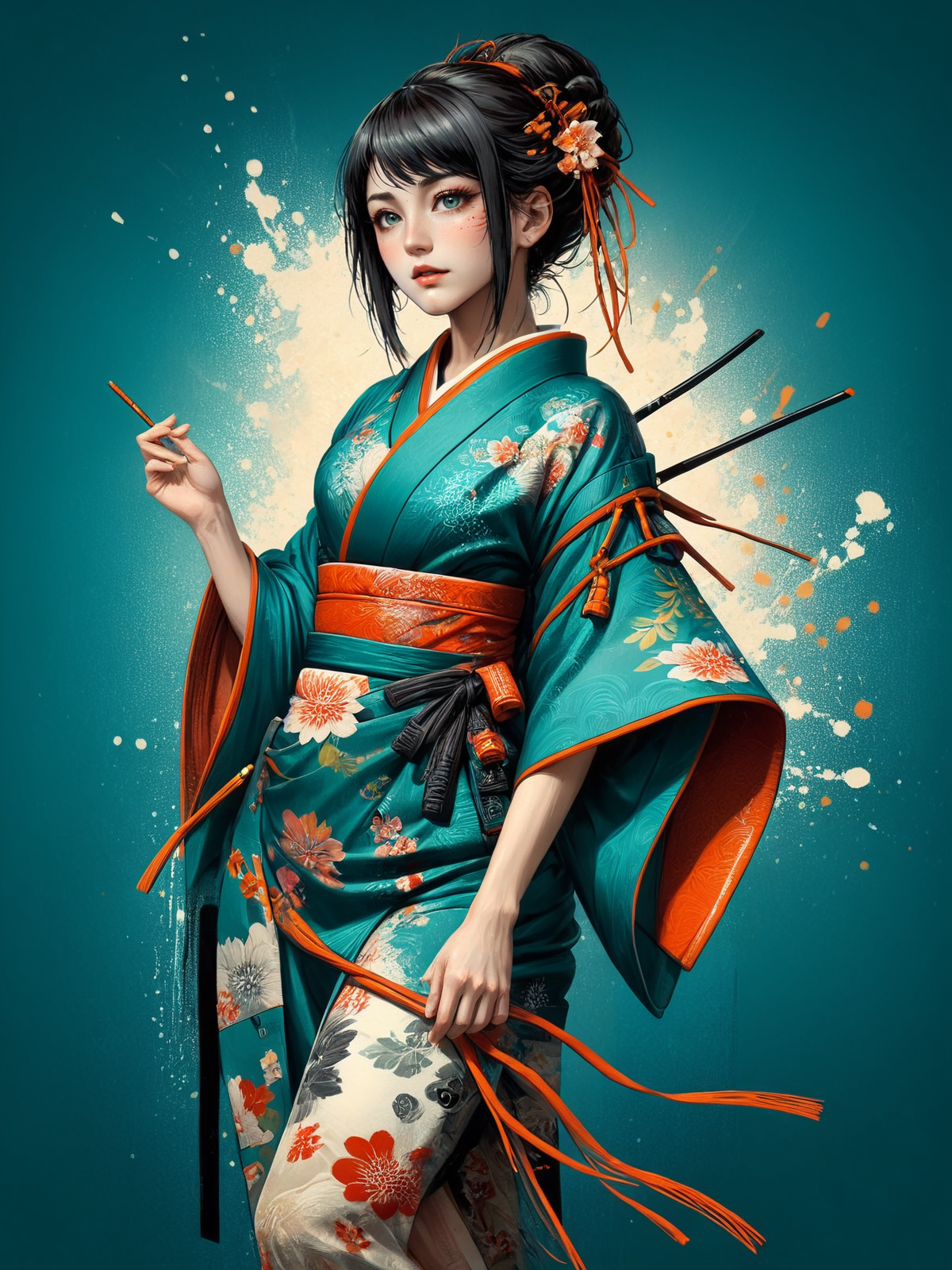woman wearing a kimono, (mad-cbrpnksplshrt:1.4), <lora:Splash_Art_SDXL:1.3>  teal background, (masterpiece:1.2), best quality