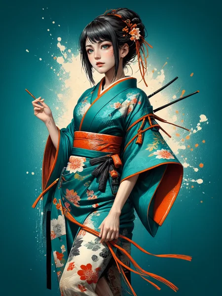 woman wearing a kimono, (mad-cbrpnksplshrt:1.4), <lora:Splash_Art_SDXL:1.3> teal background, (masterpiece:1.2), best quality
