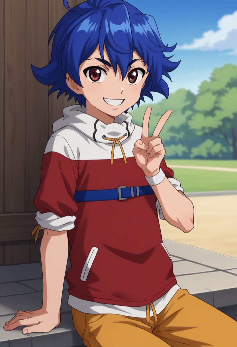 score_9, score_8_up, source_anime, highly detailed, 
riki, 1boy, solo, blue hair, short hair, male focus, looking at viewer, brown eyes, hoodie,  shawl collar, red hoodie, white hoodie, two-colours hoodie, pants, yellow pants, smile, upper body, rolled up sleeves,
outdoor, sit, v sign, grin,