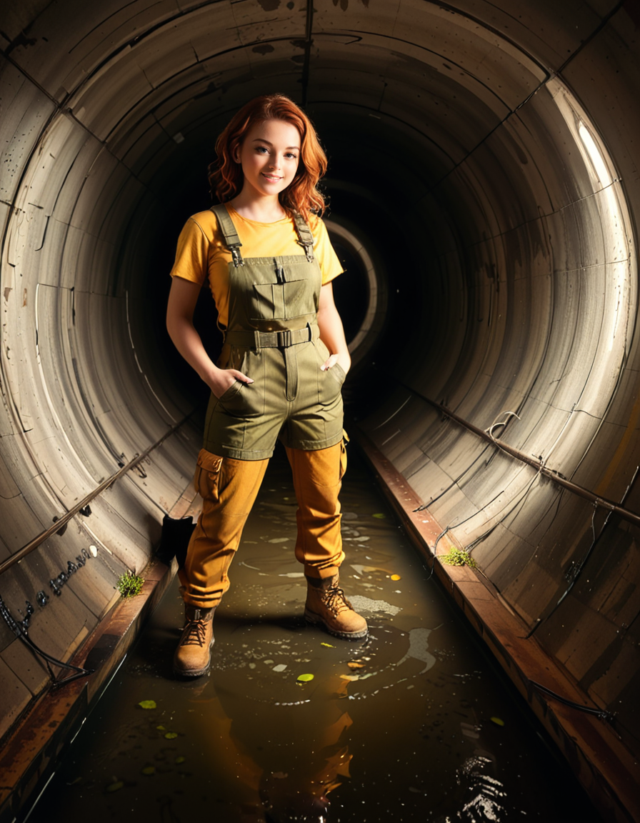 A young woman, April O'Neil, stands confidently in front of a large, circular sewer pipe,L4rg3 s3w3r p1p3. She has vibrant red, shoulder-length wavy hair and wears her iconic bright yellow jumpsuit with utility-style details, such as rolled-up sleeves and visible pockets. A brown utility belt is fastened around her waist. She holds a microphone or a small camera in one hand, highlighting her role as a journalist. Her expression is determined and slightly smiling, radiating courage and curiosity.
The sewer pipe behind her is massive and weathered, with green moss and moisture stains around its edges. The interior of the pipe is dark and shadowy, while the exterior is illuminated by soft natural light. There is a small puddle of water or wet ground in front of the pipe, reflecting faint light.
The background features an urban, industrial setting with worn brickwork surrounding the sewer opening, showing signs of age and decay. Small wild plants and grass grow around the base, adding a touch of nature to the scene.
The lighting is soft and dramatic, with natural sunlight streaming in and casting gentle reflections on the ground and inside the pipe. The image is styled as a semi-realistic illustration with vivid, bright colors for April O'Neil, contrasting with the muted, earthy tones of the background. The overall mood is adventurous and cinematic.<lora:SDXLFaeTastic2400:0.4> <lora:extremely_detailed:0.4> extremely detailed, <lora:L4rg3_s3w3r_p1p3:1>, Masterpiece,best quality,hi res,8k,hi res,8k,award winning,(sharp focus, intricate, highly detailed),