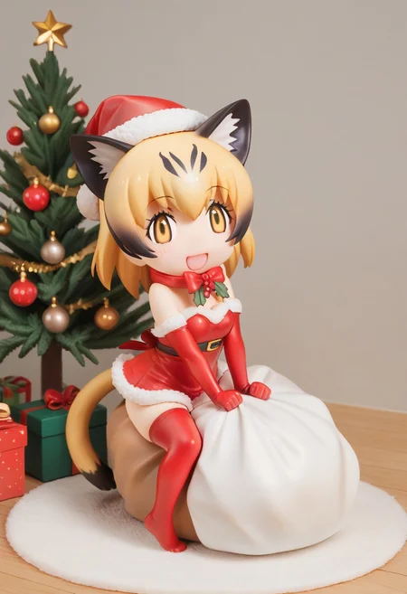 1girl, ((solo)), best quality, ultra-detailed, extremely detailed, perfect anatomy, masterpiece, score_9, score_8_up, score_7_up, Expressiveh, sand cat \(kemono friends\), 1girl, cat girl, cat ears, blonde hair, short hair, yellow eyes, cat tail, elbow gloves, bowtie, christmas tree, christmas decoration, christmas ornaments, underneath Christmas tree background, indoors, santa cosplay, santa outfit, santa hat, santa's sack, Christmas outfit, giant sack of presents, fully clothed, Christmas themed thighhighs, thighhighs, santa's sack of presents, red ribbon collar, Christmas presents, Christmas themed, living room, fireplace, (chibi), looking at viewer, smiling, eager, excited, happy, cute, adorable, surprised, hearts, tail_accessory, mistletoe_on_tail, mistletoe, dynamic lighting, looking at viewer, sitting, posing,