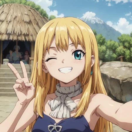 <lora:SlimesRuri:1> score_9, score_8_up, score_7_up, slimes_ruri, selfie, peace handsign, winking, smiling, mountain background