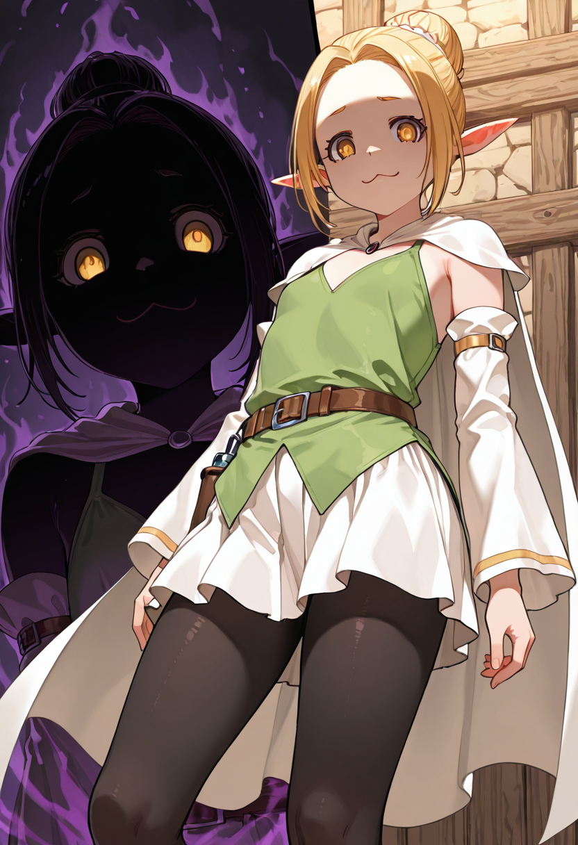 masterpiece, amazing quality, high resolution, medieval tavern, ry0n, hair bun, blond hair, yellow eyes, elf, flat chest, green clothes, belt, short white cape,white skirt, detached sleeves, black pantyhose, standing, upward angle, shaded face, looking down at viewer, :3, ominous, dark aura, face close up