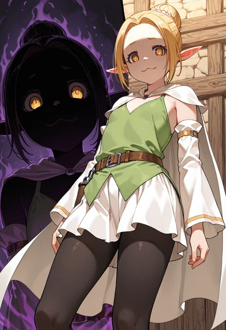 masterpiece, amazing quality, high resolution, medieval tavern, ry0n, hair bun, blond hair, yellow eyes, elf, flat chest, green clothes, belt, short white cape,white skirt, detached sleeves, black pantyhose, standing, upward angle, shaded face, looking down at viewer, :3, ominous, dark aura, face close up
