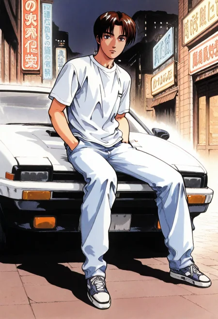 Masterpiece, old Anime, 90s style, hires, detailed face and eyes, ultra quality, cel-shaded, sharp lines, dry shading, Beautiful background, modern street, Japan city, daytime, color vibration, dynamic pose, 1boy <lora:Takumi_Fujiwara_Initial_D_-_Illustrious:1> 1boy, solo,  takumi fujiwara, brown eyes, brown hair, curtained hair,  t-shirt, pants, hands in pockets , sitting on car, side steering wheel, town background, from below, aftermarket wheels, rolled fenders, side skirts, night scene, city street, neon lights, aggressive stance, high quality, digital art, realistic car, perfectly symmetry, dynamic angle, symmetrical car