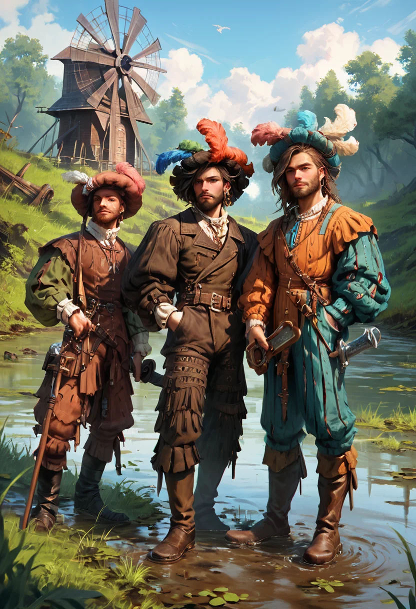 score_9, score_8_up, score_7_up, score_6_up, realistic, 3boys, facial hair, perfect face, dynamic angle,motley, pants,boots, hat, jewelry, plume, weapon, antique firearm, l4ndskn3cht, outdoors, swamp, Dutch windmill in distance, <lora:landsknecht-PNY-000009:0.8>
