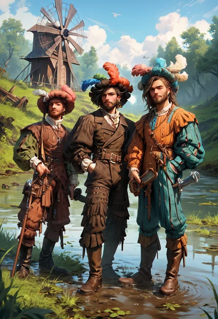 score_9, score_8_up, score_7_up, score_6_up, realistic, 3boys, facial hair,  perfect face, dynamic angle,motley, pants,boots, hat, jewelry, plume, weapon, antique firearm, l4ndskn3cht,  outdoors, swamp, Dutch windmill in distance, <lora:landsknecht-PNY-000009:0.8>