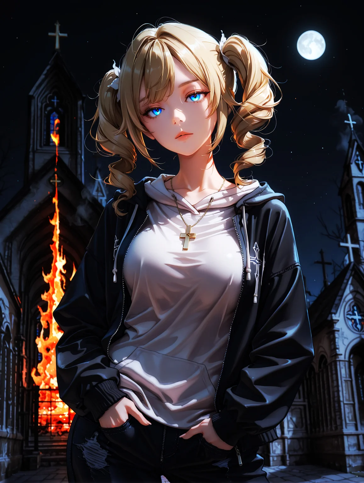 masterpiece, very aesthetic, best quality, hiper-detailed, intricate details, dynamic light, rich colors, solo, 21 years old, dark, darkness, night, imtdmariesplat, 1girl, imtdbadbara, 1girl, blonde hair, blue eyes, twintails, drill hair, bangs, long hair, parted lips, twin drills, medium breast, necklace, fire, inverted cross, pants, looking at viewer, jacket, hood, outdoors, hands in pockets, inverted cross necklace, open clothes, black pants, night, hoodie, cowboy shot, black jacket, open jacket, standing, drawstring, hood down, sky, white hoodie, smoke, long sleeves, zipper, denim, night sky, burning, unzipped, hooded jacket, church, (church on fire, church burning, conflagration:1.5), depth of field, casual, hand in pocket, closed mouth, zipper pull tab, expressionless, contrapposto, contemporary, head tilt, star \(sky\), pavement, moon, legs apart, shadow