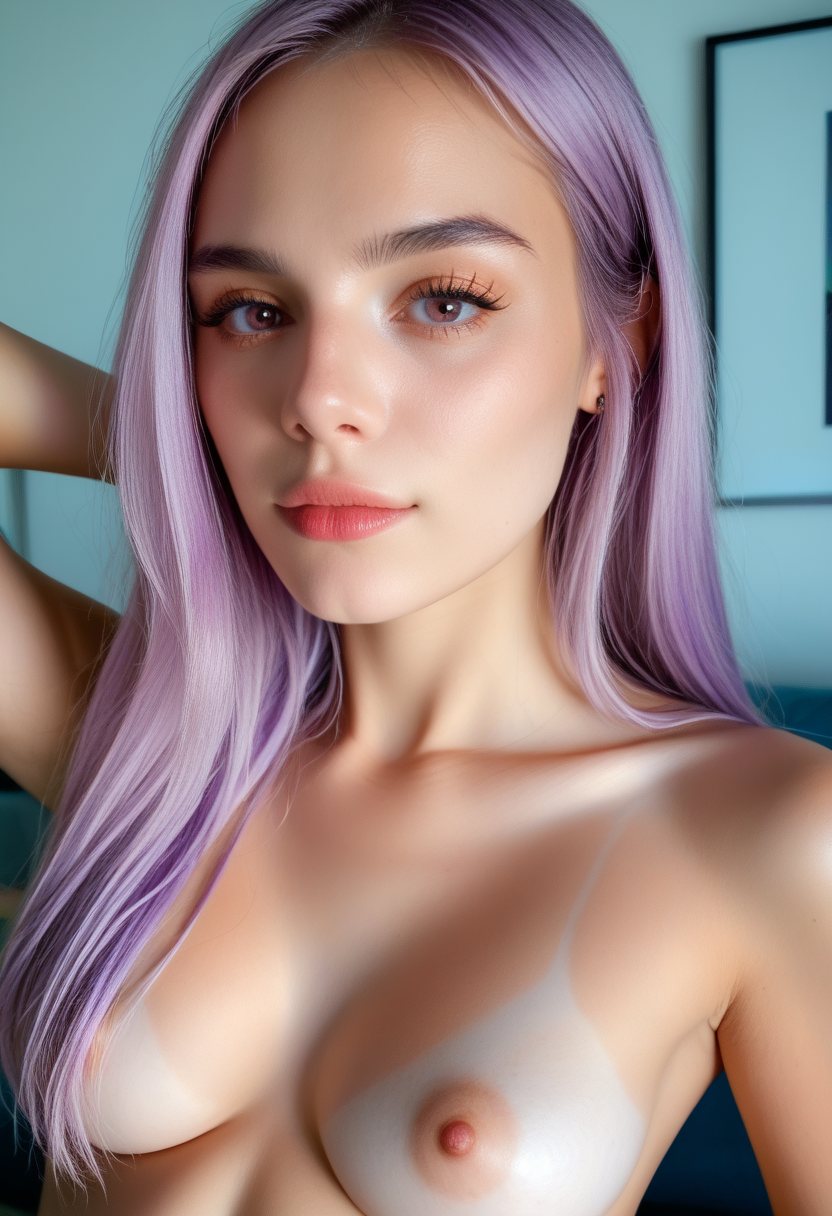 (JordynMixer), extremely beautiful woman, (nude), lavender hair, very large perfect natural perky breasts, face and torso focus, high detail, high definition, seductive, inviting, score_9, score_8_up, score_7_up