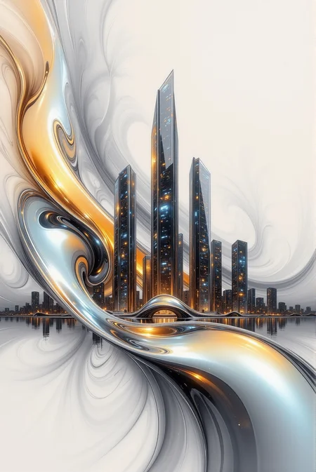 <lora:Vibrant_Abstraction:0.9> (a fine color ink lineart sketching of a (silhouette) of a city with a glossy shiny outline vibrant colors (reflective:1.05) volumetric splash of glary oil paint, colorful, flares, best quality, elegant, sharp clear art:1.3).
(Satin-metallic fluid twists gracefully through a gradient void, its surface reflecting soft pearlescent light in silver and bronze hues that cascade across each contour; the entire form flows in a seamless helix, with volumetric shadows deepening around its folds and curves, enhancing dimensional fluidity; illuminated highlights sharpen along its crest lines, revealing a brushed micro-texture beneath the sheen; the backdrop fades into smooth graphite grays, allowing the central form to dominate as a sculptural essence of kinetic elegance, poised between abstraction and minimalism:0.5).