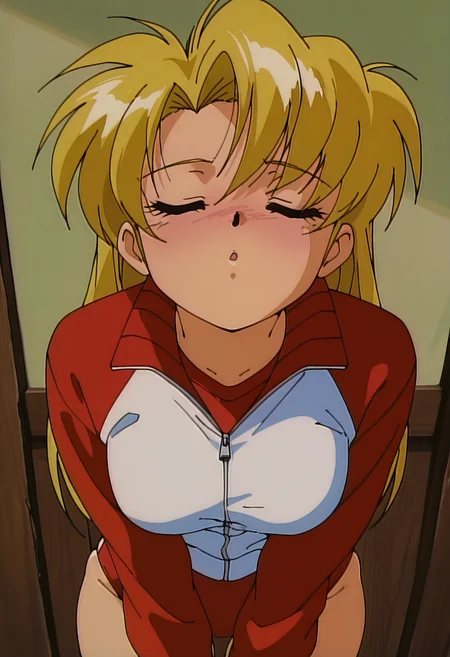 masterpiece, best quality, amazing quality, absurdres, retro artstyle, 1girl, solo, retro artstyle, mayakaww, blue eyes, blonde hair, long hair, medium breasts, track jacket, buruma, <lora:Mayaka_Nageki_no_Kenkou_Yuuryouji_ill_v11:0.9>, incoming kiss, closed eyes, blush, skindentation, detailed clothing folds, depth of field, sharp, high contrast, dynamic light