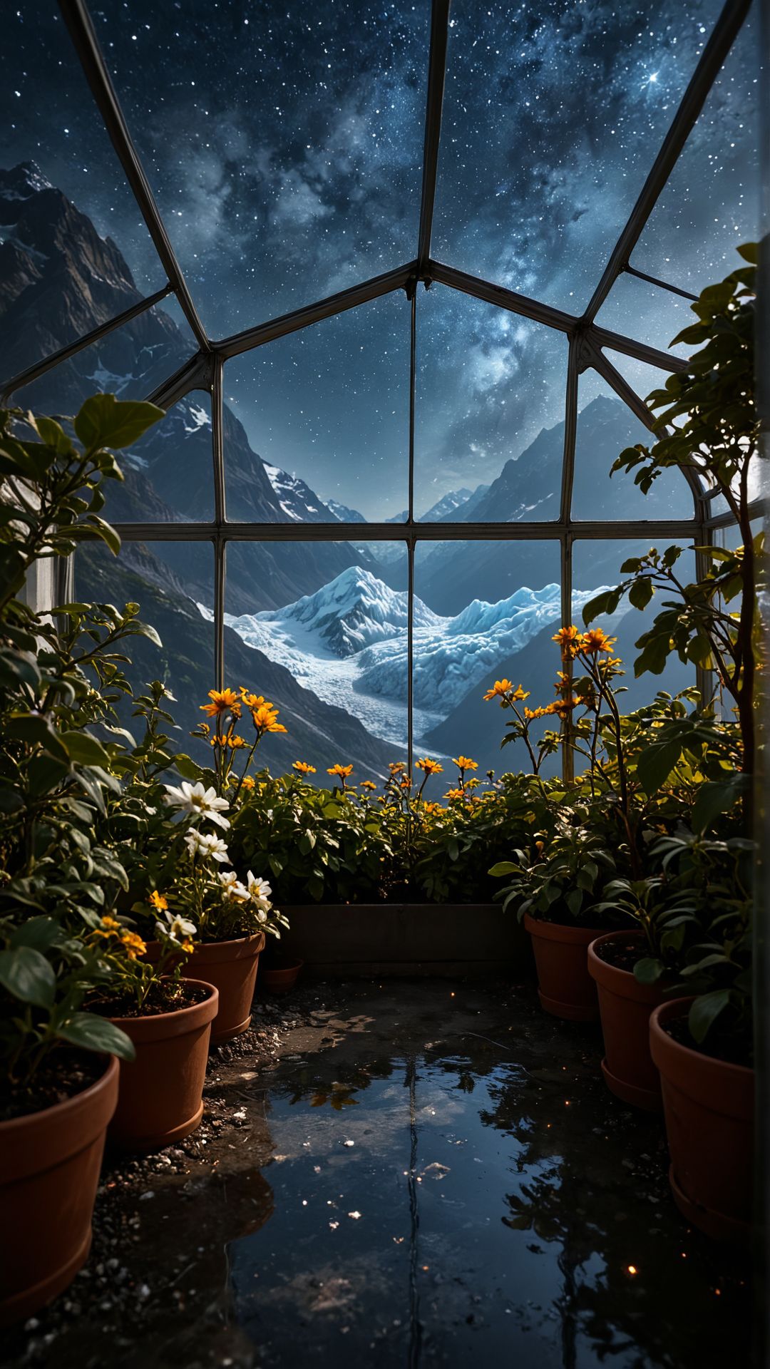 photograph, landscape of a [Las Vegas:Aletsch Glacier:4], from inside a Greenhouse, Stars in the sky, CGI Art, photo, <lora:MidjourneyV6.1:1>, midjourneyv6.1, 
 <lora:aidma-Image Upgrader-v0.1:0.45>, <lora:aidmaFluxStyleXL-v0.2:0.55> flux-style
