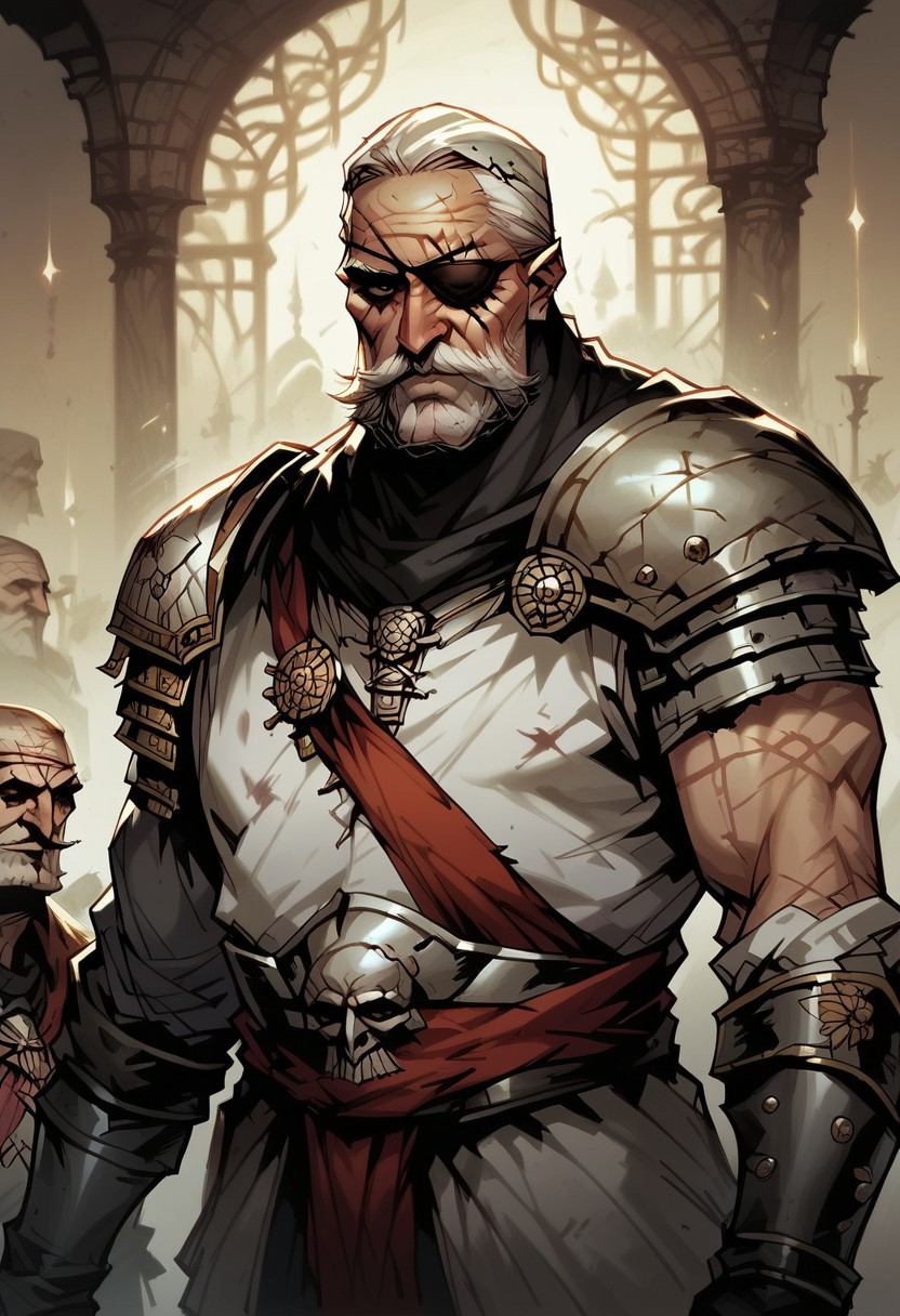 score_9, score_8_up, score_7_up, BREAK, 1boy cowboy-shot, beautiful, dramatic lights ((MAA. MAADD. Manatarms. ManatarmsDD. ManatarmsDarkest, eyepatch, oldman, old man, armor, scars on face, muscular, wide, wide shoulders, DDstyle. Darkeststyle))