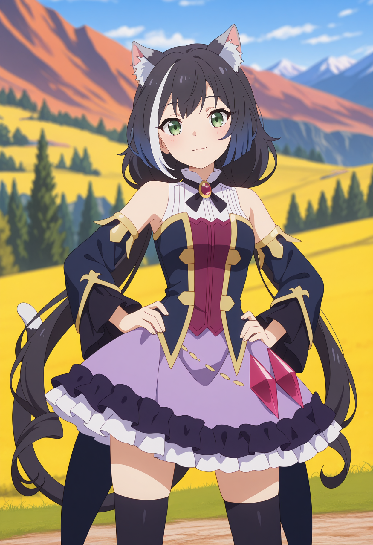 anime screencap, masterpiece, best quality,
<lora:PrincessConnect_Karyl_IlluXL:0.9>,
1girl, solo, closed mouth, light smile,
long hair, streaked hair, black hair, white hair, low twintails, green eyes, cat ears, cat tail,
KarylDress, multicolored dress, brooch, detached sleeves, gold trim, frilled skirt, purple skirt, black thighhighs,
standing, looking at viewer, hands on own hips,
blurry background, mountainous background, scenery