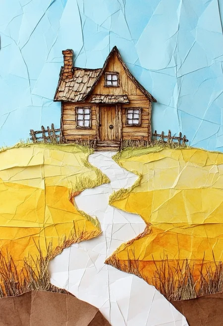A detailed anime-style illustration of a young girl with large, expressive eyes, set against a light blue background. and also, A vivid, crumpled paper artwork that captures a rustic wooden house nestled amidst a vast, open field. The house, with its weathered wooden walls and shingled roof, stands out against the backdrop of a clear blue sky. The ground is a mix of golden and brown hues, suggesting a transition between seasons. A winding path leads to the entrance of the house, and the overall color palette is dominated by earthy tones, with the blue of the paper providing a striking contrast. The style of the artwork leans towards realism, with meticulous attention to detail and a touch of surrealism.