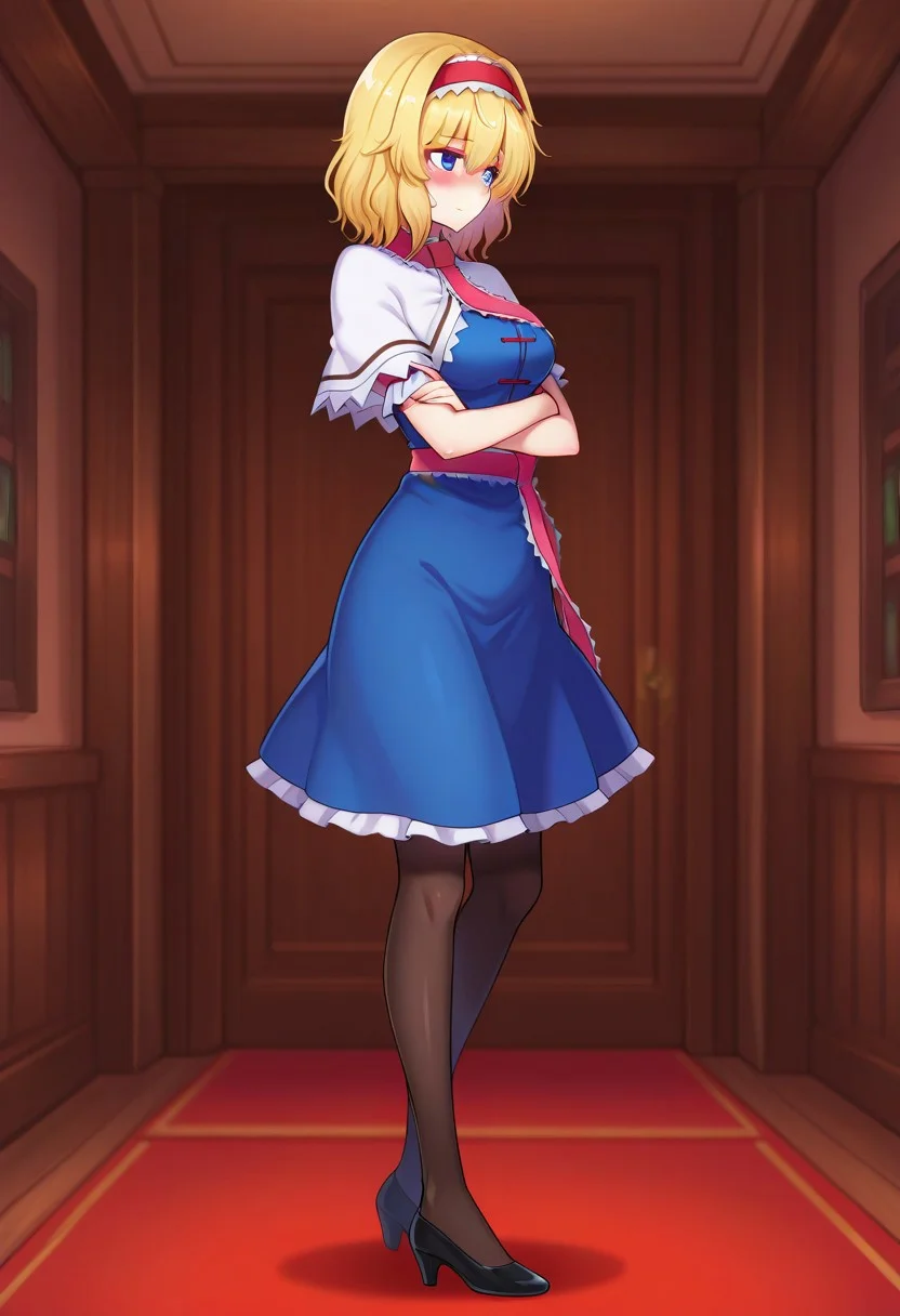 masterpiece, best quality, amazing quality, 1girl, solo, alice margatroid, touhou, blonde_hair, short hair, blue eyes, medium breasts, blush, shy, arms crossed, pantyhose, indoors, tall, long legs, side view, looking to the side