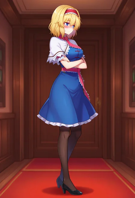 masterpiece, best quality, amazing quality, 1girl, solo, alice margatroid, touhou, blonde_hair, short hair, blue eyes, medium breasts, blush, shy, arms crossed, pantyhose, indoors, tall, long legs, side view, looking to the side