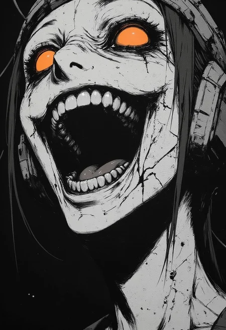 CyberpunkHorrorAnime,
A close-up drawing of man's shadowy face. The only things visable on his face are his glowing eyes and his wide, menacing grin. His sharp teeth exposed