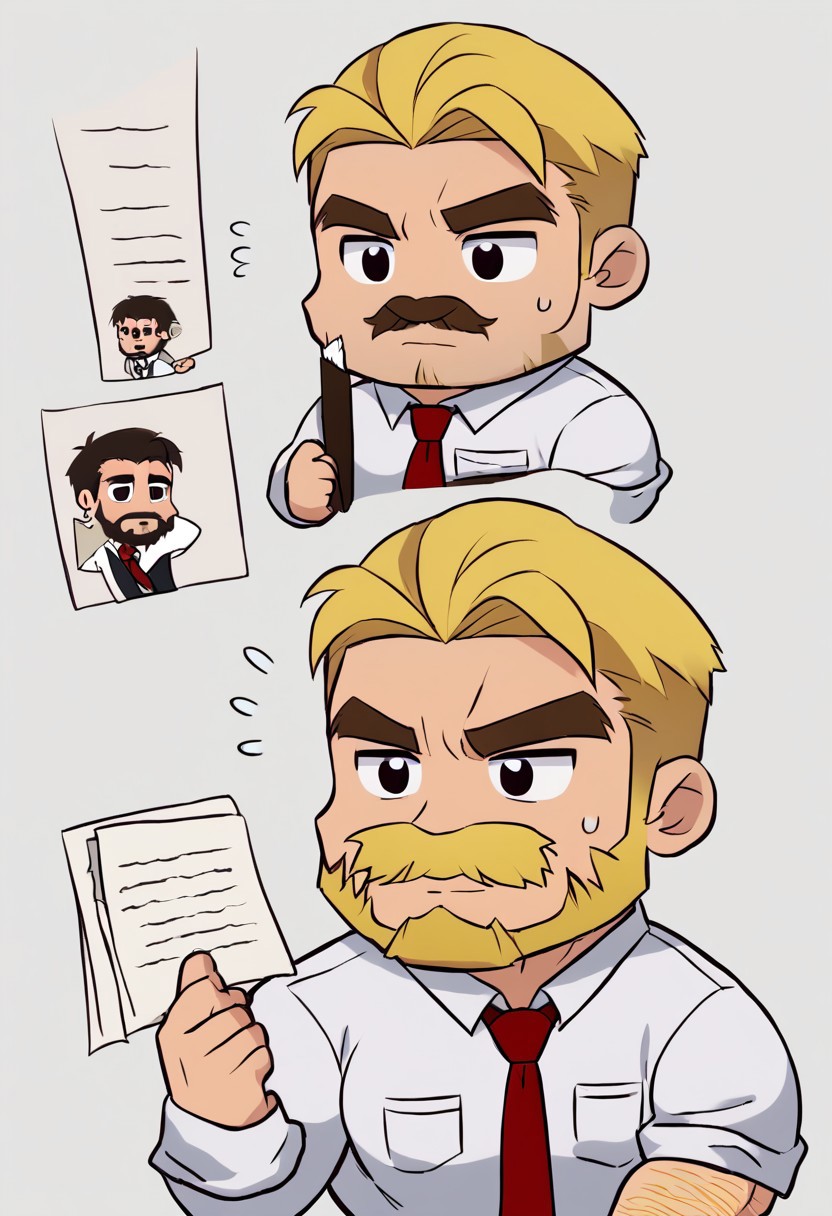 cccch, duckccc, chchichi, solo, short hair, blonde hair, simple background, shirt, 1boy, white background, holding, white shirt, upper body, necktie, collared shirt, chibi, sweatdrop, black eyes, facial hair, flying sweatdrops, thick eyebrows, red necktie, beard, paper, mustache, flat color, holding paper, arm hair, male focus, text, background, bodybuilder, huge muscles, bara