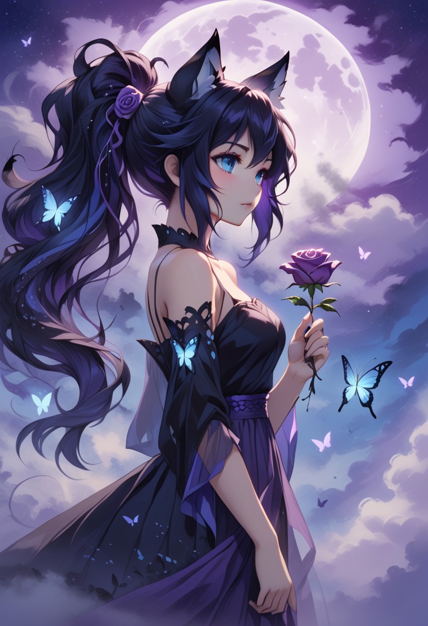 abstractzyrnox, abstract, abstract art, butterfly, blue, purple, white, fog, cinematic, purple sky, cloud, moon, ((1girl, foxgirl, fox girl), holding rose, high ponytail hair, black hair, blue eyes, black hair, messy hair)