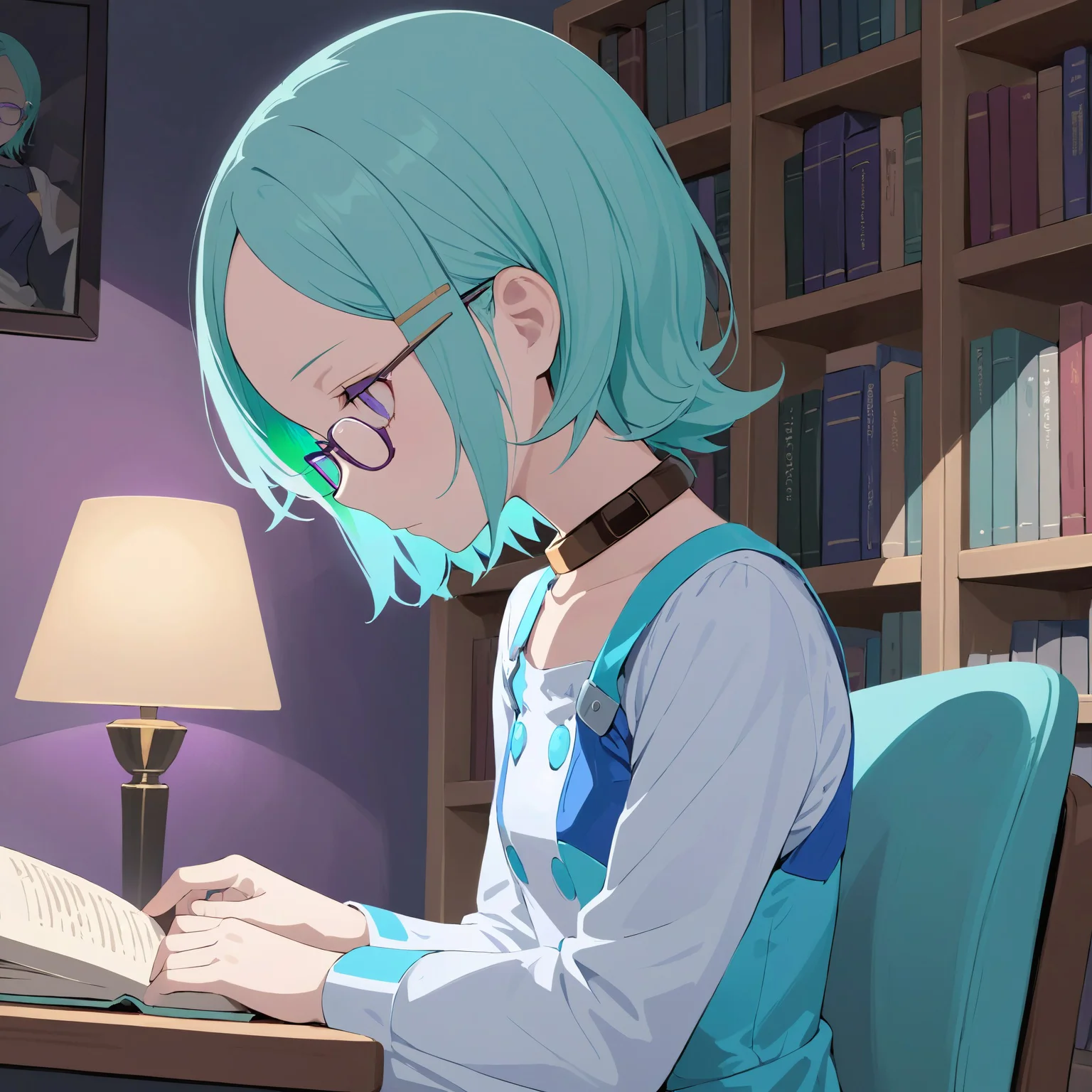 1girl, dress, eureka, glasses, sitting, on chair, desk, living room, bookshelf, desk lamp, reading, book, head tilt, looking away, aqua hair, short hair, collar, purple eyes, expressionless, from side
<lora:eureka_xl_v9:1.0>, masterpiece, best quality