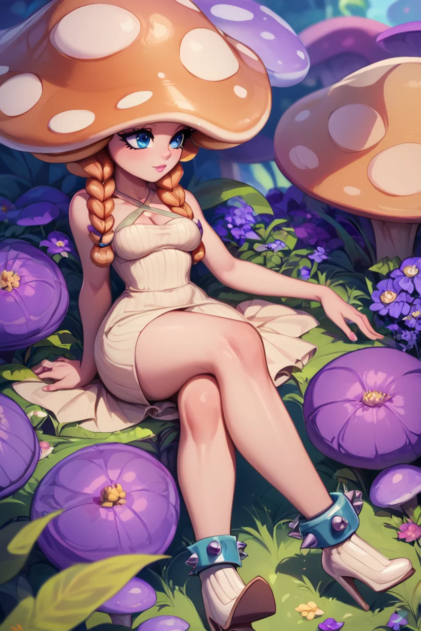 score_9, score_8_up, score_8, medium breasts, (curvy), cute, eyelashes, zzMushroomGirl,, a woman with ((micro braids hair)) wearing studded (ankle boots) in a secret underground city, beige dress, deep neckline, ribbed texture, white heels, criss-cross straps lush greenery, purple flowers, blurred details reclining, arms raised, directly facing camera, relaxed demeanor by, <lora:MushroomGirlP2:0.8>, <lora:Vivid:0.7>, <lora:princess_xl_v2:0.6>,