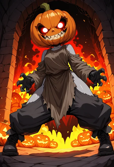 <lora:Lora\fantasy_anime_style-000003:1> masterpiece, best quality, amazing quality, very aesthetic, absurdres, newest, (Perfect details),(****), solo, pumpkin jack, pumpkin head, glowing red eyes, rags, sharp teeth, half-turned to the viewer, sharpness, high contrast, clarity, dynamic poses, fantasy anime style, anime artwork, official art, highly detailed, vibrant colors, magical atmosphere, digital painting, ethereal glow, soft shadows, cinematic lighting