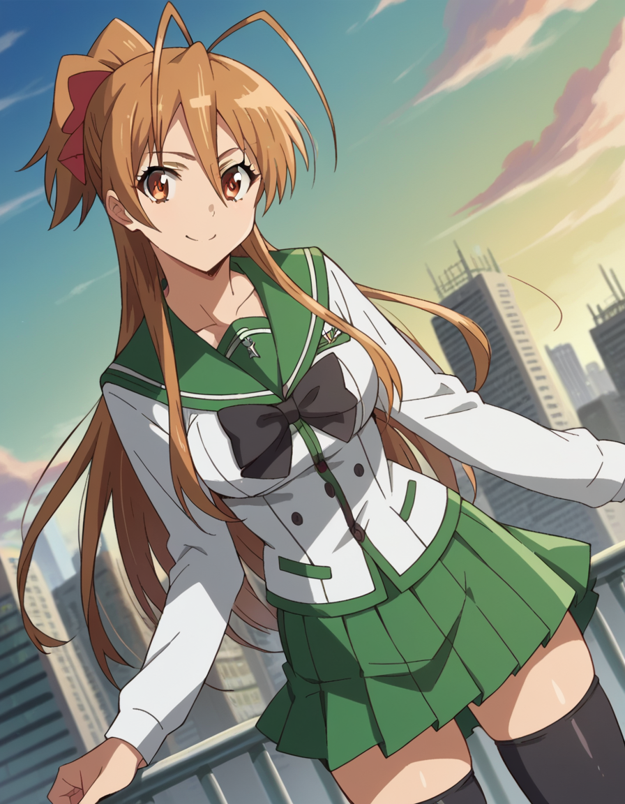 score_9, score_8_up, score_7_up, source_anime,
reimiyamoto, <lora:rei-miyamoto-ponyxl-lora-nochekaiser:1>,
rei miyamoto, long hair, brown hair, brown eyes, antenna hair, ponytail, smile,
skirt, thighhighs, school uniform, serafuku, zettai ryouiki, green skirt, bowtie, long sleeves, black thighhighs, black bowtie,
outdoors, cityscape,
looking at viewer, cowboy shot, dutch angle,