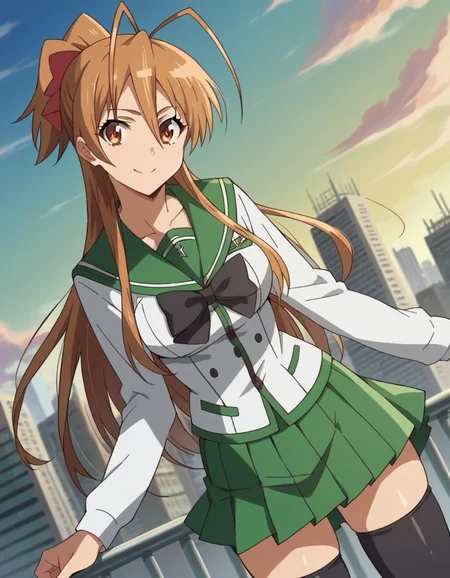 score_9, score_8_up, score_7_up, source_anime,
reimiyamoto, <lora:rei-miyamoto-ponyxl-lora-nochekaiser:1>,
rei miyamoto, long hair, brown hair, brown eyes, antenna hair, ponytail, smile,
skirt, thighhighs, school uniform, serafuku, zettai ryouiki, green skirt, bowtie, long sleeves, black thighhighs, black bowtie,
outdoors, cityscape,
looking at viewer, cowboy shot, dutch angle,