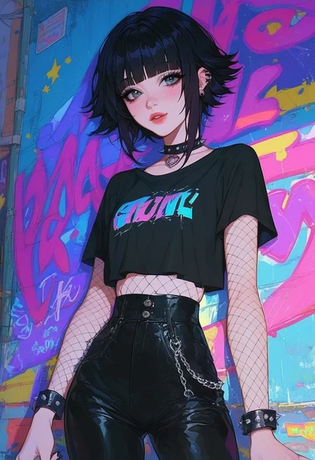 score_9, score_8_up, score_7_up, score_6_up, score_5_up, score_4_up, aesthetic, newest, 1girl, solo, emo style, cute face, beautiful girl, kawaii, bangs, black hair, long eyelashes, petite body, emo clothes style, punk style, semi-realism, graffiti signs, holographic billboards and other cool stuff, dynamic angle, cute pose, freckles, 18yo girl, fishnet, high waist pants,