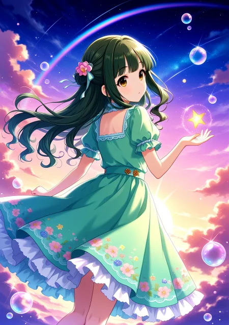 sfw, general,
<lora:Fujii_Tomo_1607655:0.6>, fujii tomo, brown eyes, dark green hair, long hair,
idolmaster, idolmaster cinderella girls, green dress, floral embroidery dress, pastel colors, colorful, star \(sky\), night sky,
<lora:soap-bubble-fantasy-04:0.7>, soap bubble background fantasy, rainbow bubbles,
<lora:on_cloud_v1_illustrious_d:0.7>, on_cloud, cloud, <lora:brightness_slider:-1>,, BREAK
masterpiece, best quality, amazing quality, very aesthetic, absurdres, newest,
<lora:Eyes_High_Definition:0.6>, eyesHD, high gradient eyes, detailed eyes, high definition eyes,
<lora:LECO_Particles:1>,
BREAK, general, from behind, looking back, dutch angle, dynamic pose,