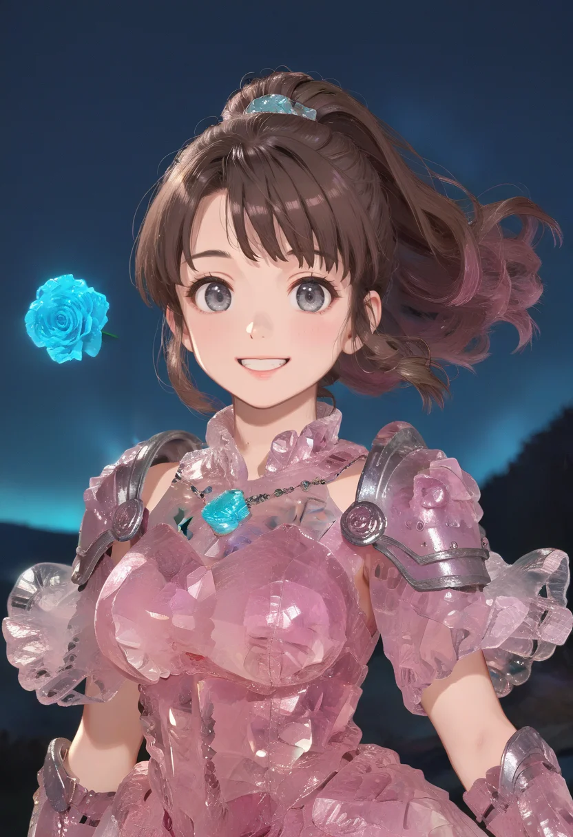 score_9, score_8_up, score_7_up, source_anime, perfect anatomy, ((outlined outlined vector graphics)), ,cute face, outdoors , night, upper body, wind, black theme,
,cute face, glimmering, glowing,glittering,
1girl, solo, 20yo, brown hair, gray eyes, (large breast:1), (ponytail:1.1), medium hair,(curvy:1.1),(light blue clohtes:1.1),bangs, front view , looking at viewer , (glow eyes:0.9),fantasy,, standing
pink clothes, pink crystal dress, pink cyrstal clothes,action pose, rose quartz clothes, rose quartz dress, rose quartz armor, shoulder armor, smile,clothed <lora:rose-quartz-clothes-01:1.15>