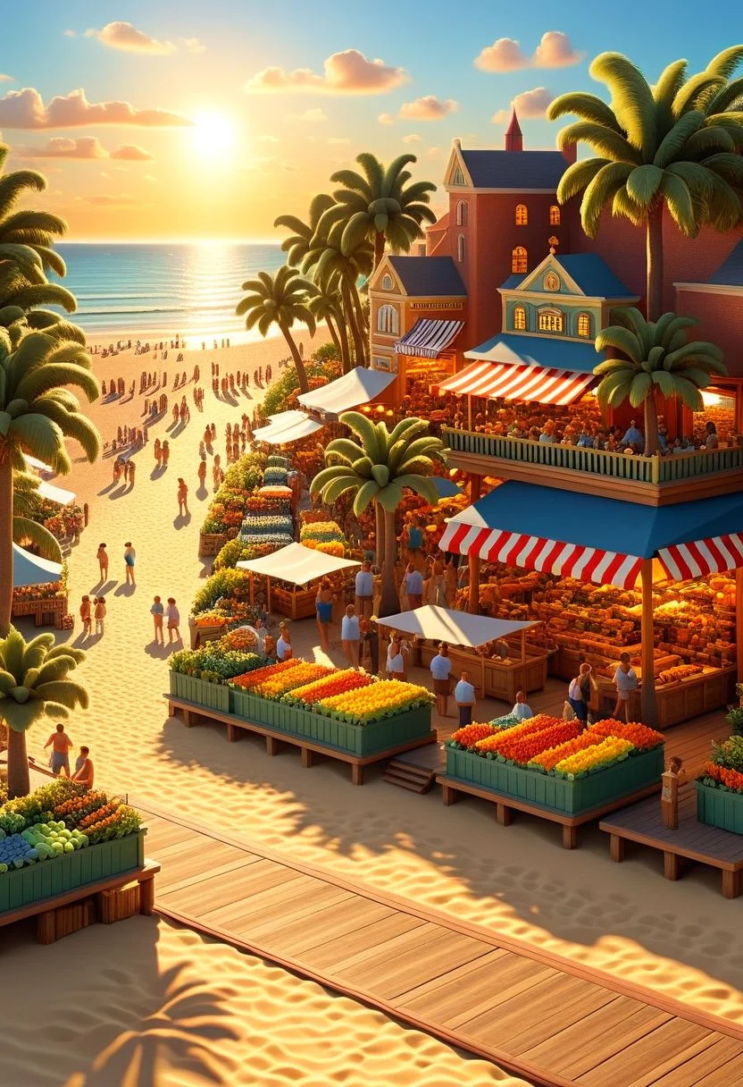 ispzxll, diorama, isometric, miniature, beach scene, boardwalk, market stands,, golden hour, long shadows, volumetric lighting style, pedestrian crowds, mature trees, intricate details, potted plants, ultra-detailed, 8k, fluffy clouds and setting sun in background