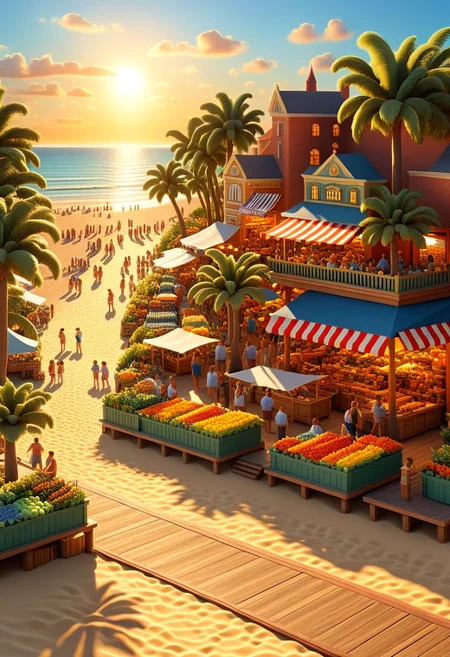 ispzxll, diorama, isometric, miniature, beach scene, boardwalk, market stands,, golden hour, long shadows, volumetric lighting style, pedestrian crowds, mature trees, intricate details, potted plants, ultra-detailed, 8k, fluffy clouds and setting sun in background