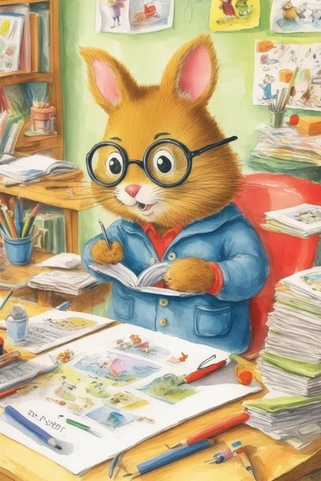 <lora:Richard Scarry Style:1>Richard Scarry Style - working on my content for twitter and newsletter while being stressed of my oldest dotter passing the exams artwork