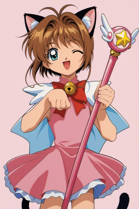 1girl,kinomoto sakura,animal ears,one eye closed,cat ears,solo,tail,brown hair,bell,green eyescat tail,magical girl,dress,paw pose,short hair,smile,open mouth,1990s (style),retro artstyle,;d,jingle bell,wand,looking at viewer,pink dress,antenna hair,score_9,score_8_up,<lora:Card Captor Sakura Anime_XL_PONY:0.8>,
