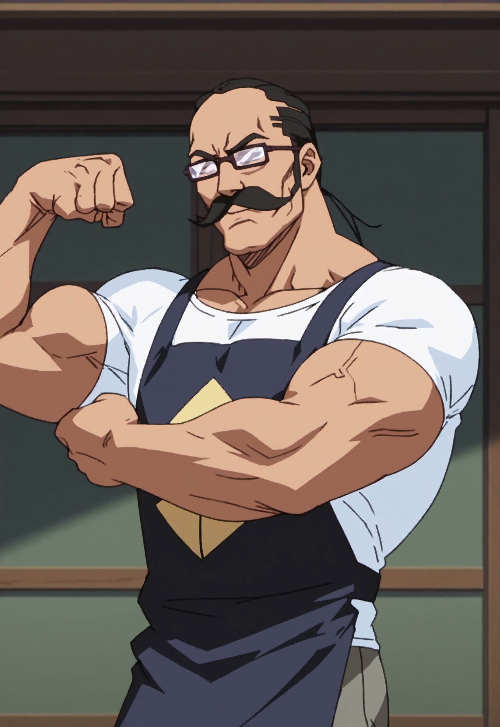 safe_pos, safe_pos, score_9, score_8_up, rating_nsfw, ultra hd, absurdres, best quality, best aesthetic, masculine, solo, 1boy, male focus, perfect proportions, handsome, erotic, alluring, mature male, coloured,

BleachTessai, mustache, apron, grey pants, glasses, black hair, anime screencap, flexing biceps, smirking, Expressiveh, half body, white shirt, glasses